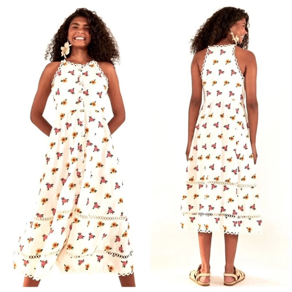 Farm Rio Mixed Cross Stitch Flowers Dress - L